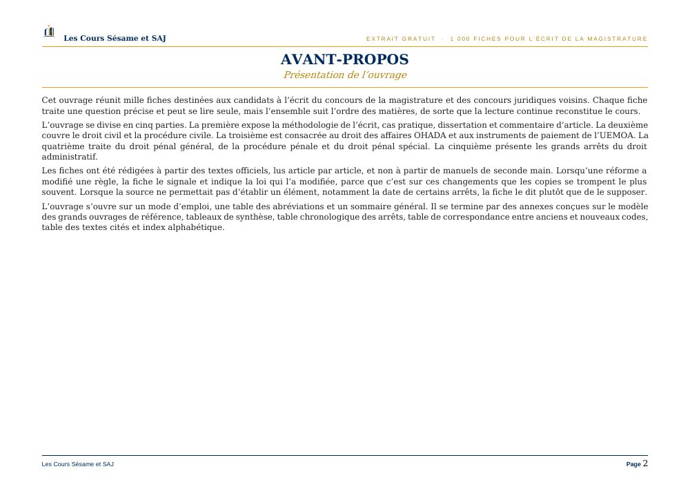 1000 Fiches de Cours pour Réussir l'Écrit de la Magistrature : page 2 de l'extrait gratuit