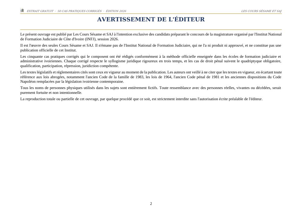 Les 50 Cas Pratiques Corrigés de la Magistrature : page 2 de l'extrait gratuit