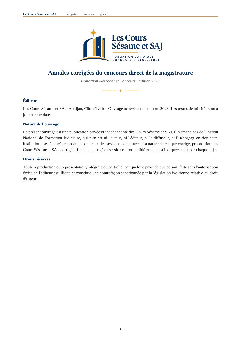 Les Annales des Anciens Sujets Corrigés Magistrature : page 2 de l'extrait gratuit